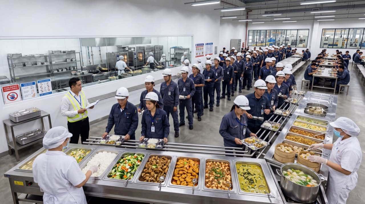 Industrial canteen serving counter managed by Muhibbah F&B — 10,000+ meals daily across Malaysia