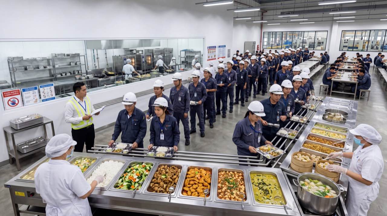 Industrial canteen serving counter managed by Muhibbah F&B — 10,000+ meals daily across Malaysia